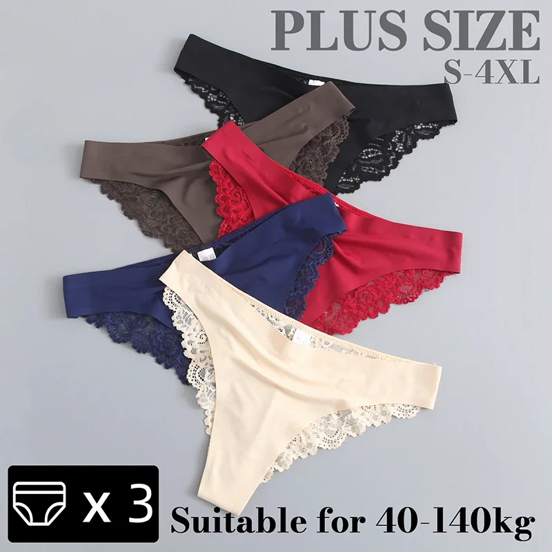 

3PCS Women's Sexy Lingerie Panties Lace Plus Size Briefs Low Waist Underpants Intimates Seamless Briefs Silk Panty Women Tangas