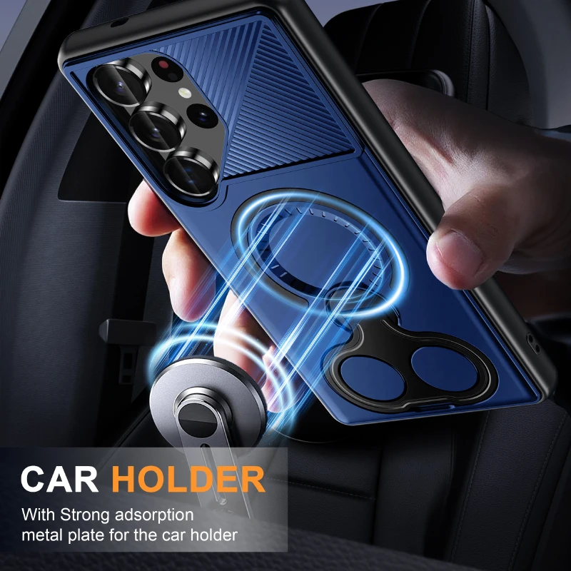 Magsafe Magnetico 360 ° Custodia per telefono con armatura in tinta unita con staffa in metallo girevole per Samsung S25 Ultra Edge S23 S24 Ultra Plus A56 A36