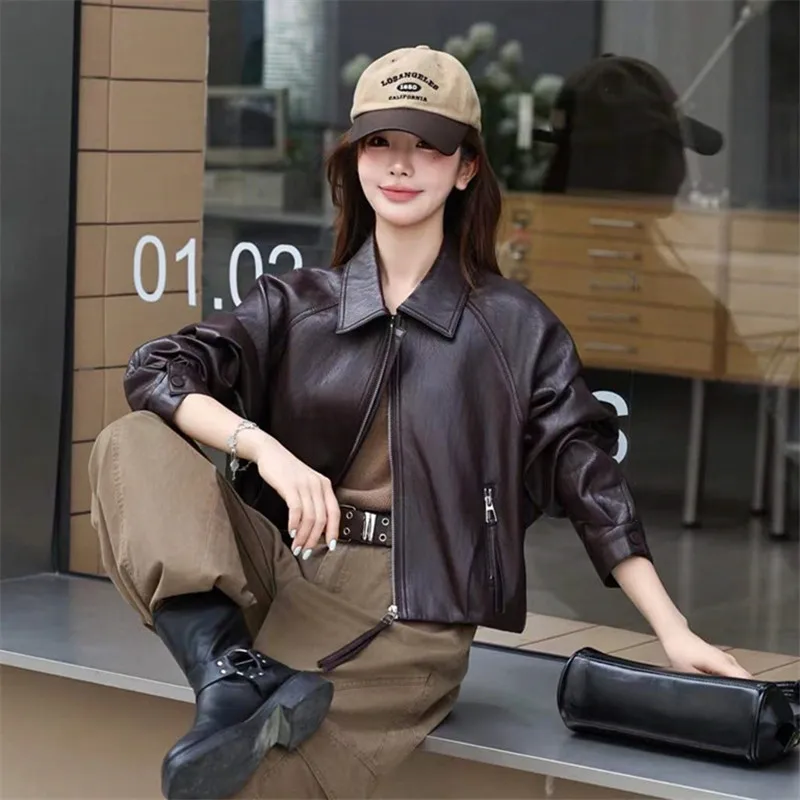 Korean Vintage Casual Short Faux PU Leather Coat Turndown Collar Long Sleeve Autumn Female Biker Jacket Coffee Color Black Brown