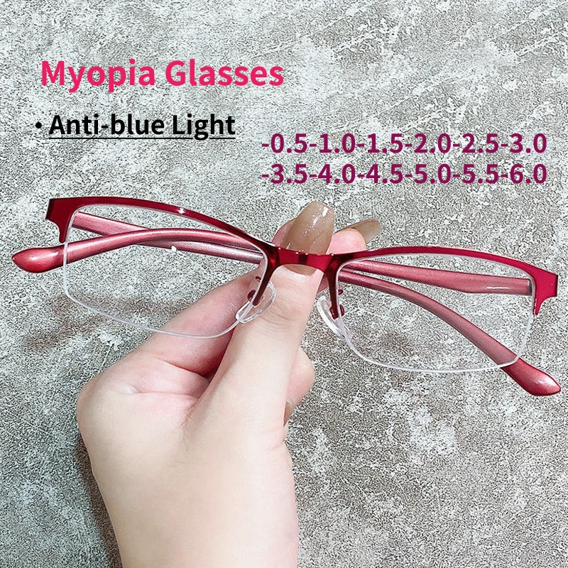 Women Myopia Glasses Ladies Half Frame Anti-blue Light Prescription Glasses Men Finished Eyewear -1.0 To -4.0 gafas