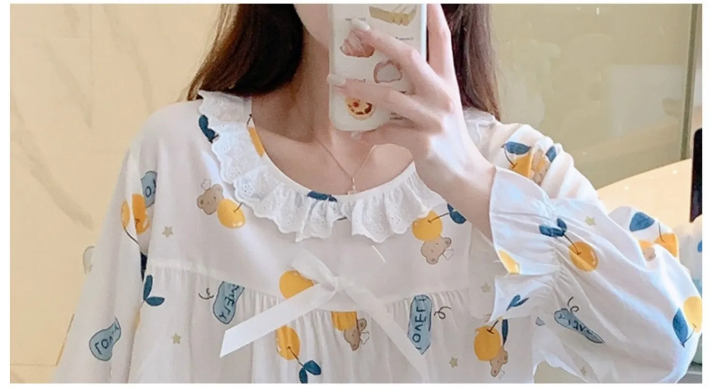 Student Long Cotton Silk Suit Crew-Neck Nine-Point Thin Breathable Comfortable Pajamas 100% Viscose Sweet Air Condition Clothes