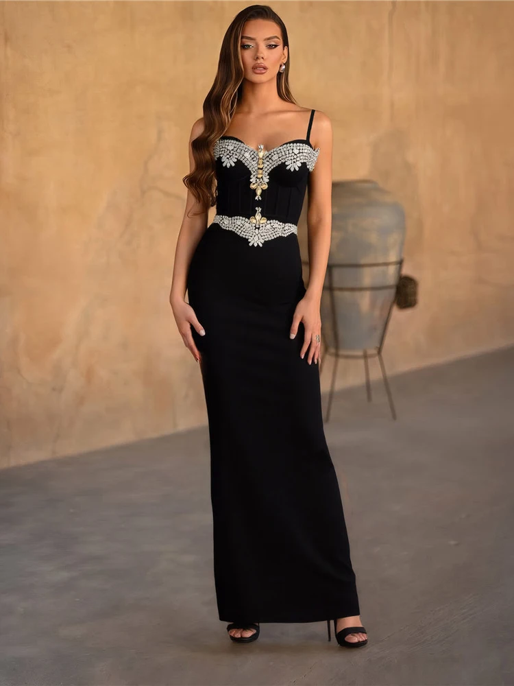 

Sexy Spaghetti Strap Beading Diamonds Bandage Dress Women Black Sleeveless V Neck Crystal Bodycon Dresses Evening Party Gowns