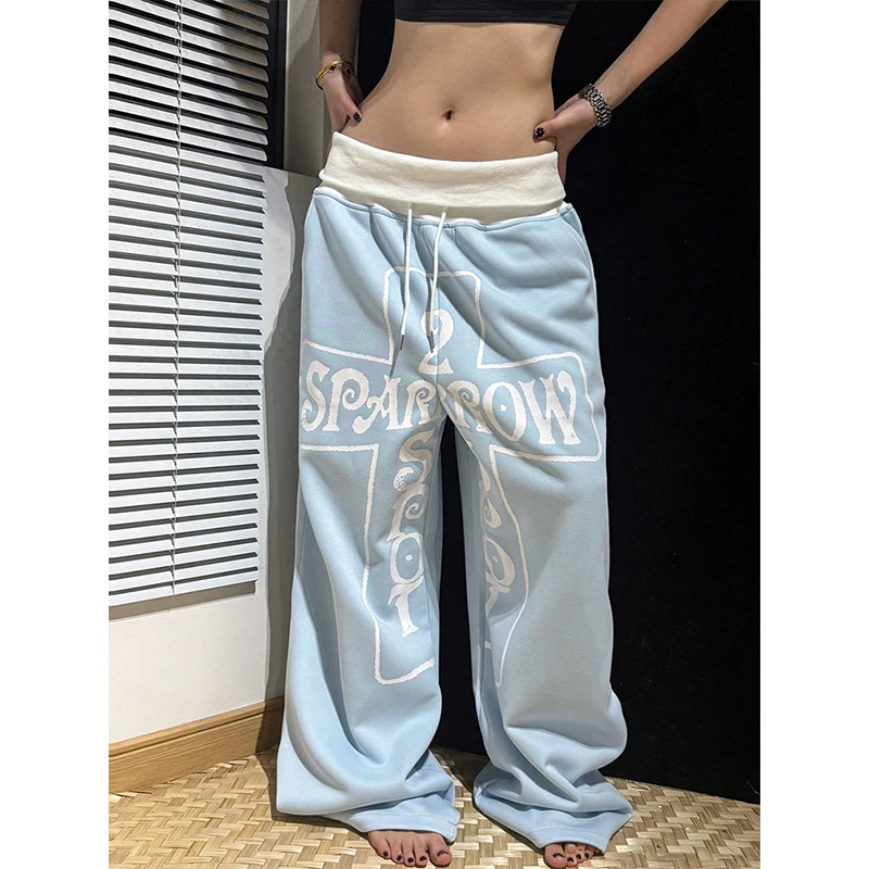 Retro American Blue Letter Print Wide Leg Pants Women Summer Y2K Trendy Loose Slimming Floor-Length Casual Trousers