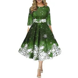 Women's Autumn and Winter New Fashion Elegant Christmas Pullover Round Neck Print Middle Sleeve Slim Fit High Waist Dress