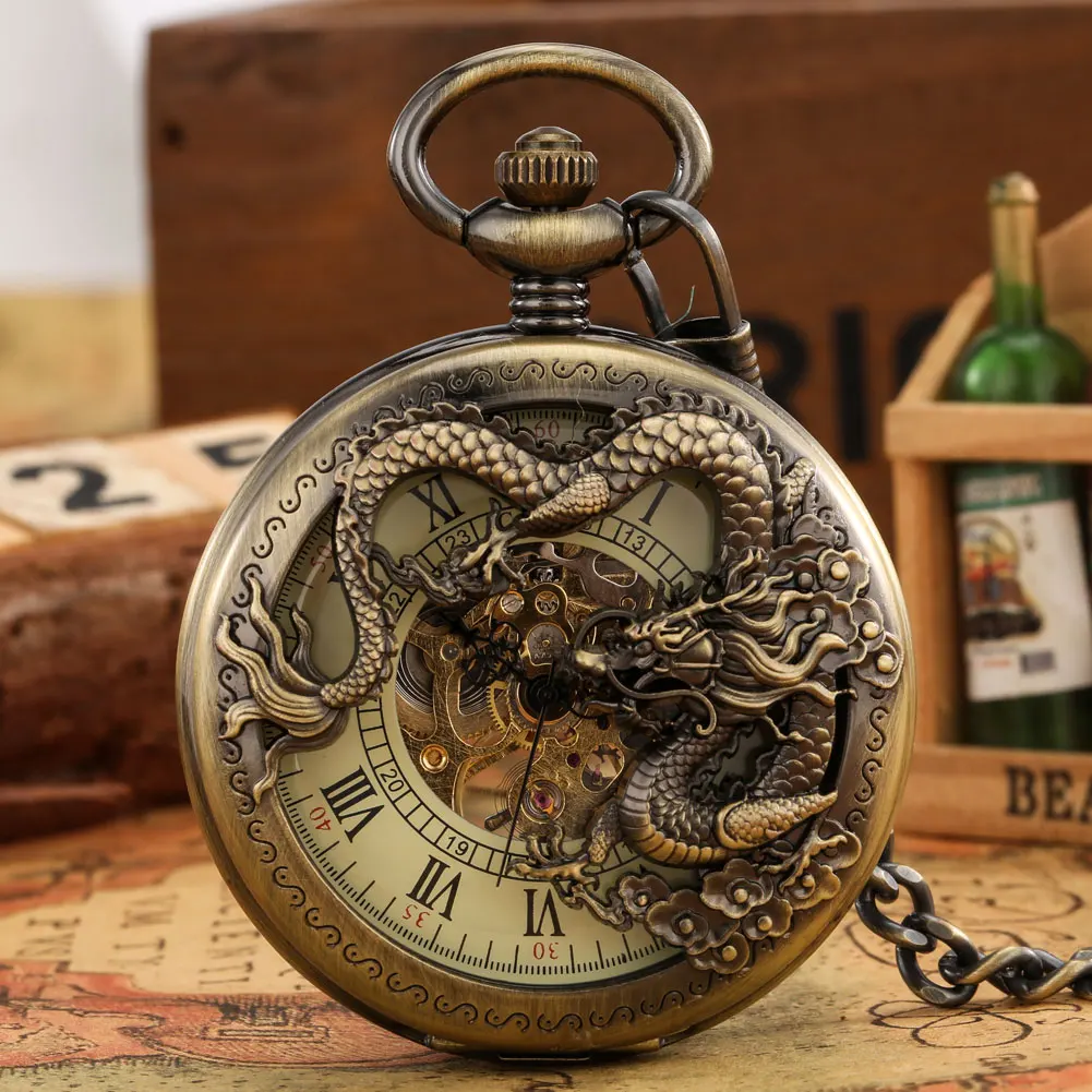 Vintage Mechanical Pocket Watch Mens Hand-winding Skeleton Dragon Chain Retro Pendant Timepiece Roman Numerals Display Clock