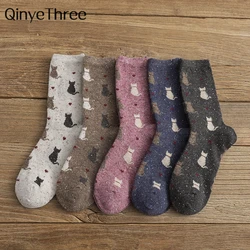 Warm Winter Japanese Cute Back View Cat Heart Dots Yarn Socks Korean Harajuku Women Kawaii Thickening Christmas Gift Dropship