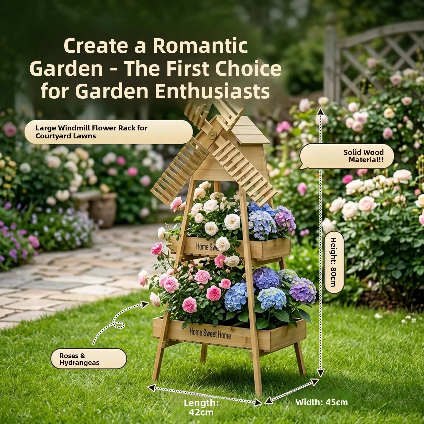 Large Outdoor Windmill Flower Stand Succulent Rose Ivy Villa Courtyard Garden Lawn Decorative Wooden Plant Holder Stand