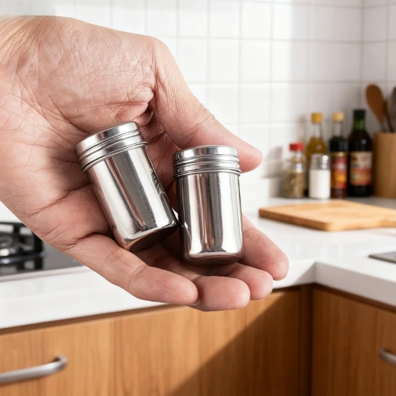 قطعتان من برطمانات توابل صغيرة من الفولاذ المقاوم للصدأ، هزازات ملح وفلفل خارجية محمولة