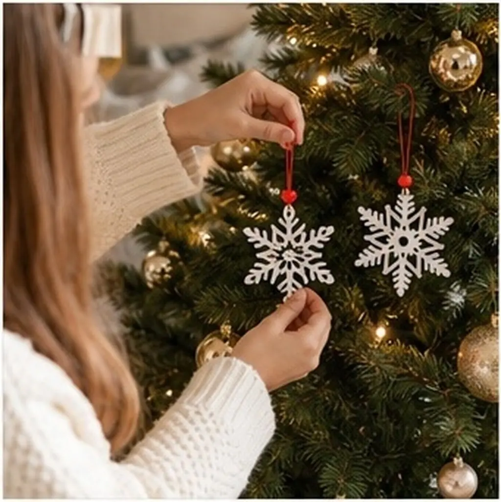 6Pcs Realistic Snowflake Shape Wooden Hanging Ornament Christmas Tree Decoration Festive Warm Atmosphere Xmas Tree Hanging
