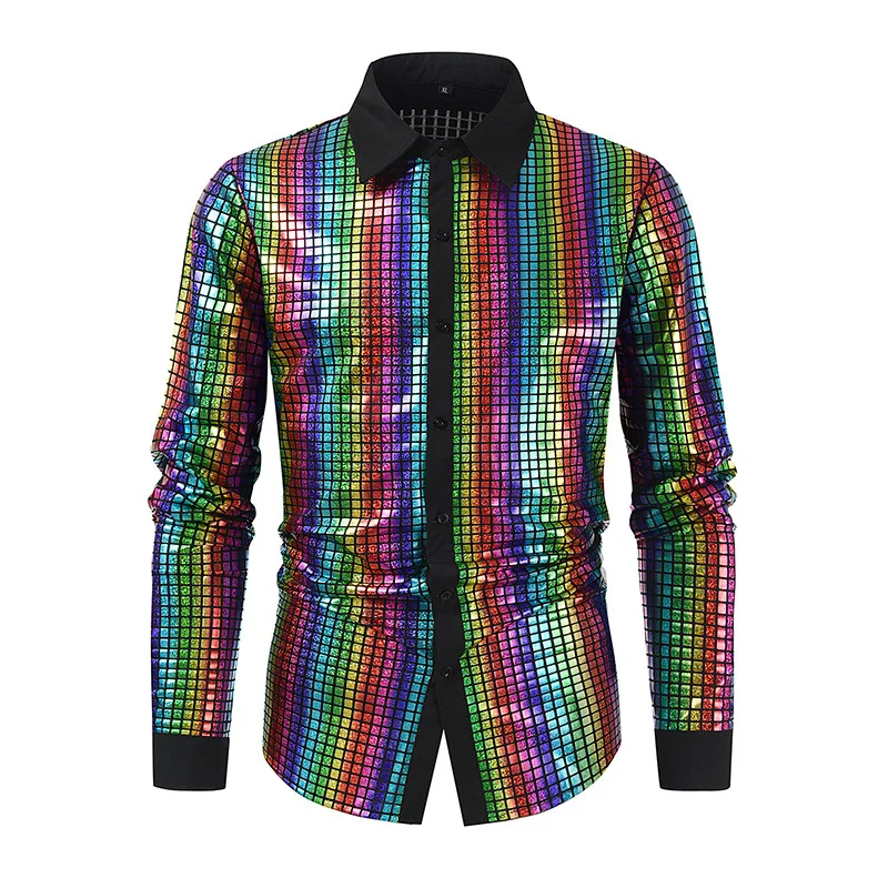 

Mens Shiny Colorful Sequins Dress Shirts Long Sleeve Button Up Shirt Men 70s Disco Party Costume Homme Stage Singer Clothes XXXL