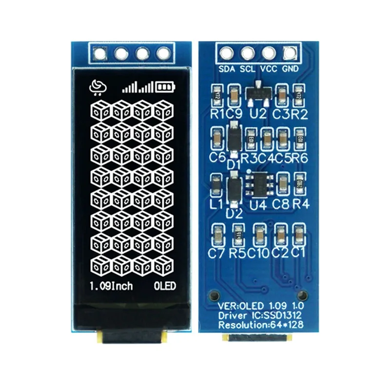 1.09 Inch 128x64 White OLED Display Module SSD1312 Driver I2C 4-Pin Interface Low Power Consumption Wide Viewing Angle