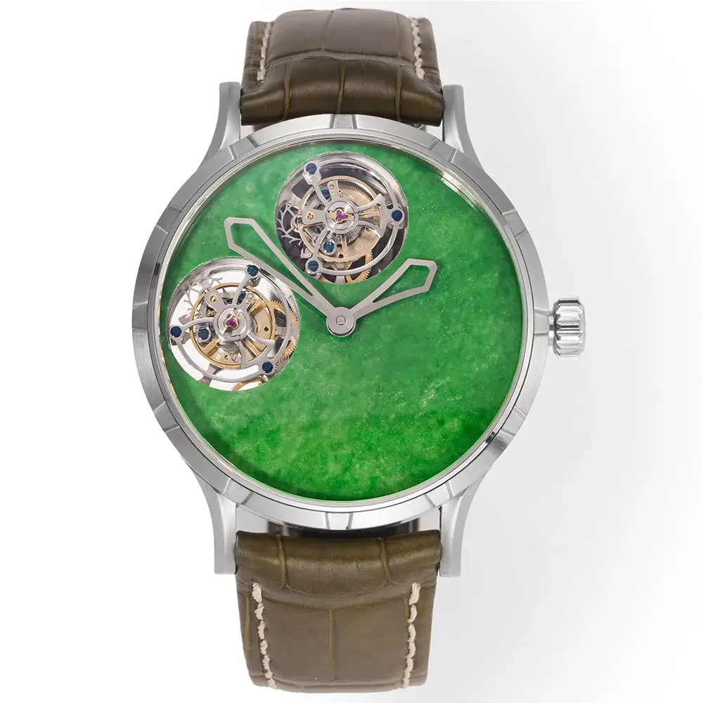 HUASUO Luxury Double Tourbillon Orologi da uomo 45mm Laca Madreperla Quadrante con pietre preziose Shanghai Movimento intagliato personalizzato