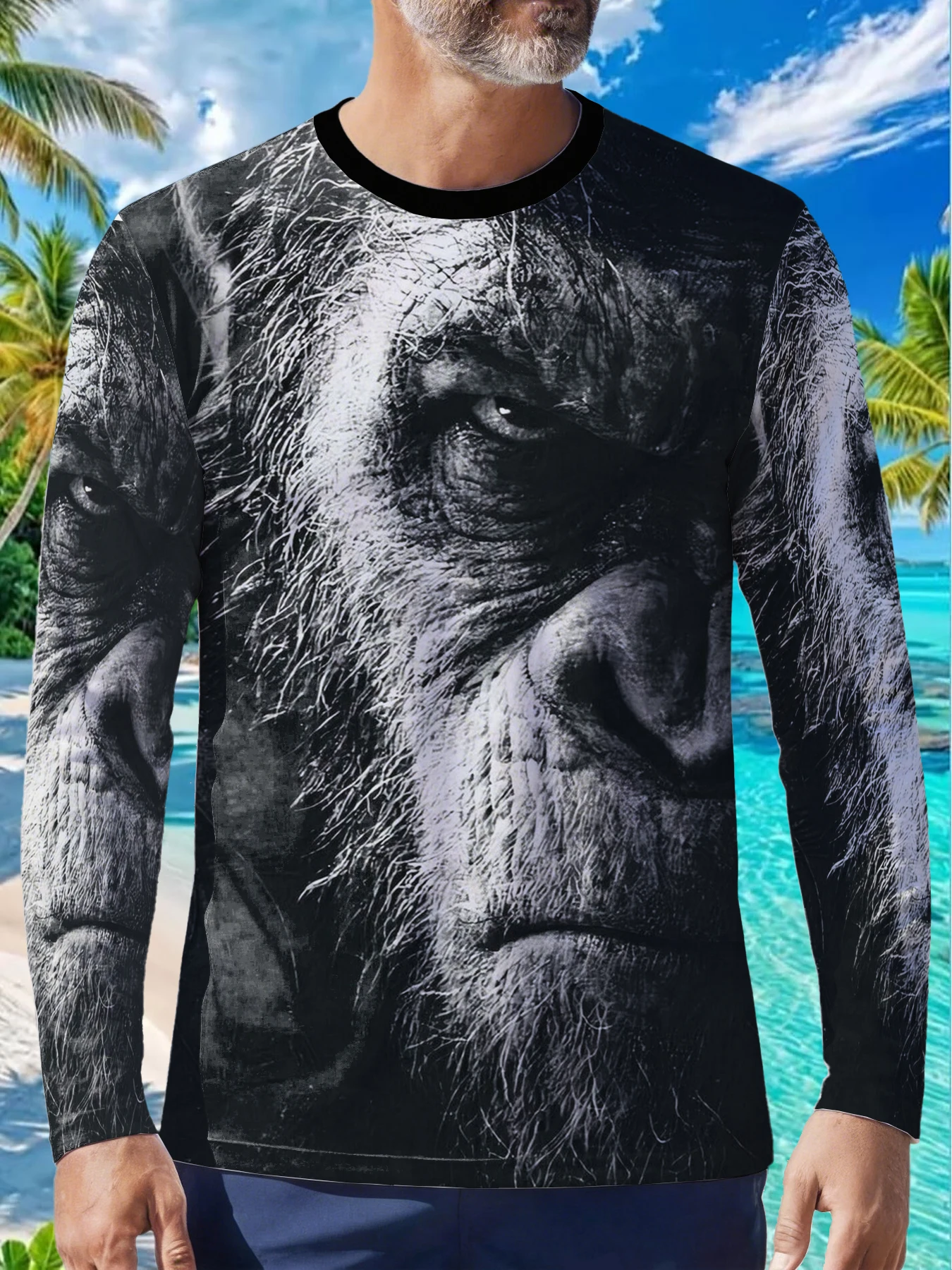 Vintage Chimpanzee Ape Primate Portrait Mens Polyester Long Sleeve T Shirt Black White Monkey Print Graphic Tee Casual Streetwea
