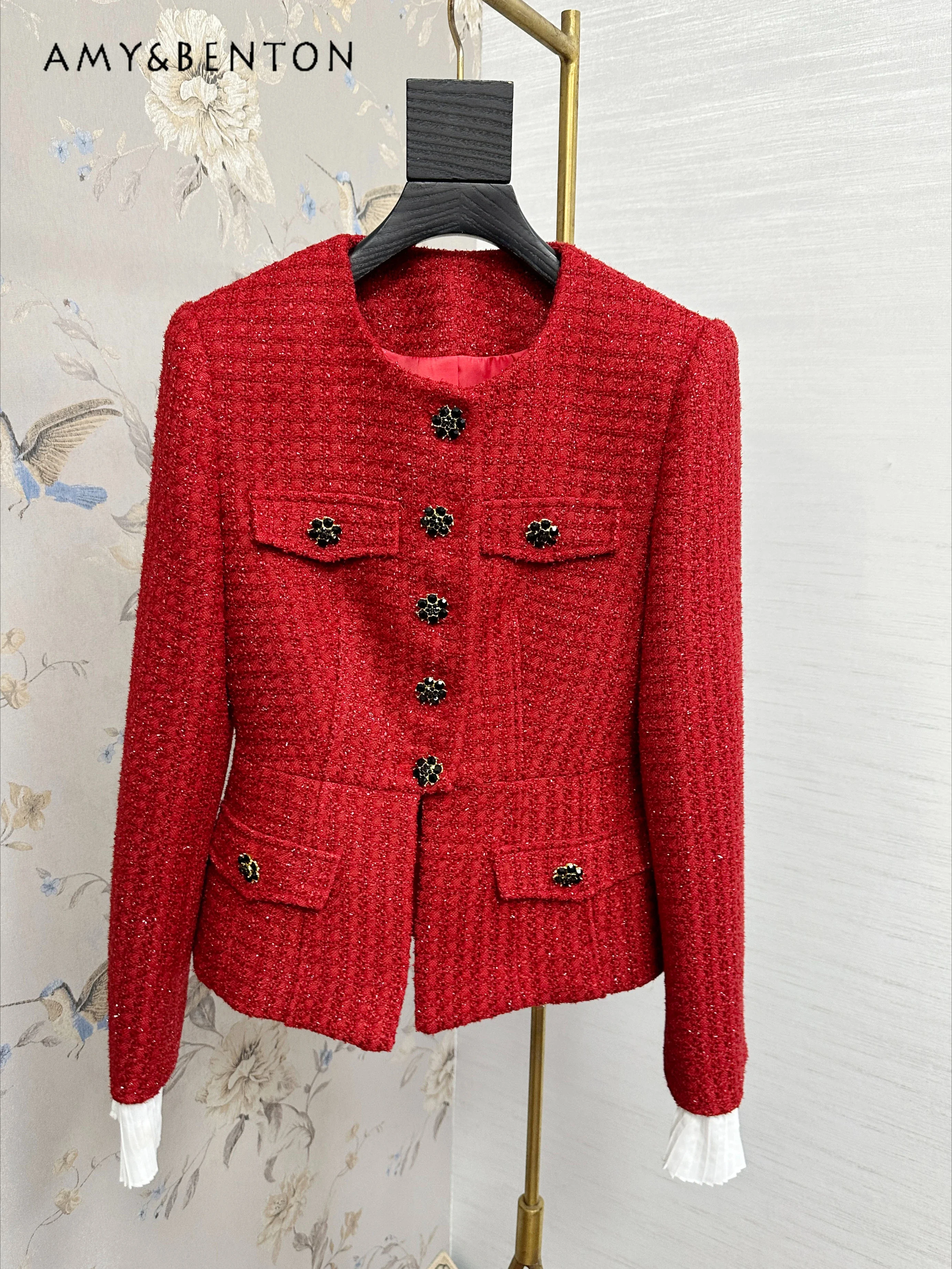 Autumn Winter Graceful Socialite Red Tweed Two-piece Set Office Lady Single-breasted Woolen Jacket Wide-leg Pants Two-piece Set