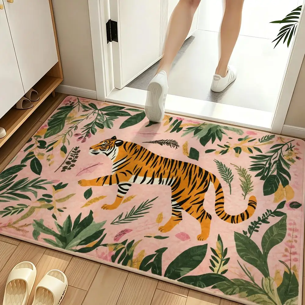 Tropical Tiger Leopard Jungle Floral Illustration Floor Mat Soft Flannel Non Slip Absorbent Entryway Bathroom Bedroom Garage