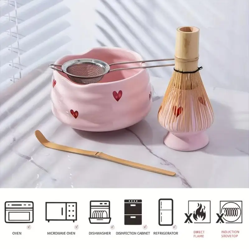 New【2/4/5Pcs Cute Heart Decal Ceramic Matcha Set - Matcha Bowl Whisk And Holder Bamboo Scoop Sifter Japanese Tea Ceremony Kit】