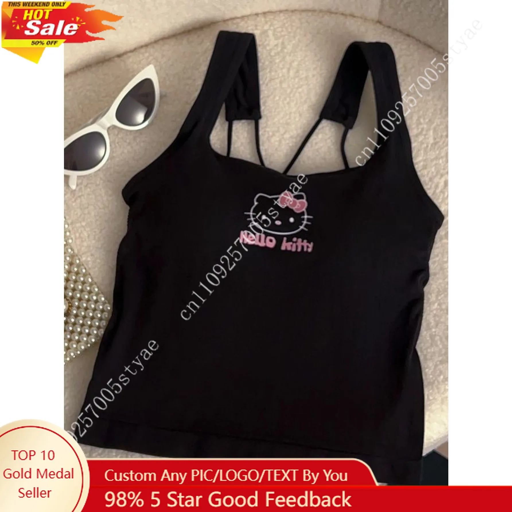 

Sanrio Versatile Black Vest Bra Underwear Suspender with Chest Pad Vests Underwear Women'S Slim Top Summer