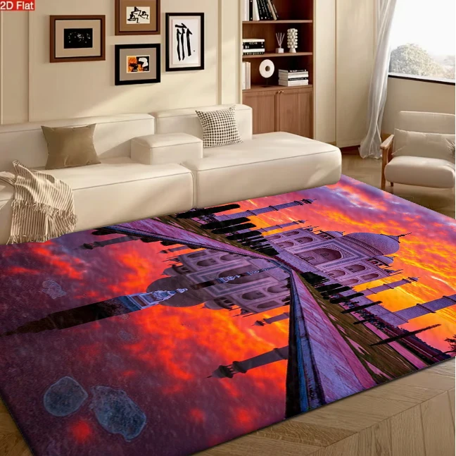 Taj Mahal Sunset Reflection Carpet Flooring, Famous Landmark Building Non-Slip Floor Rug for Living Room Bedroom Home Decoration
