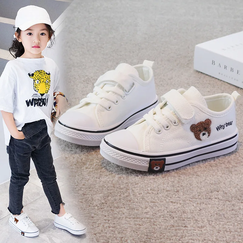 Kids Girls Canvas Shoes New Boys Board Shoes Cartoon Bear Children Cloth Shoes Little Girl Students Soft Bottom Casual Sneakers