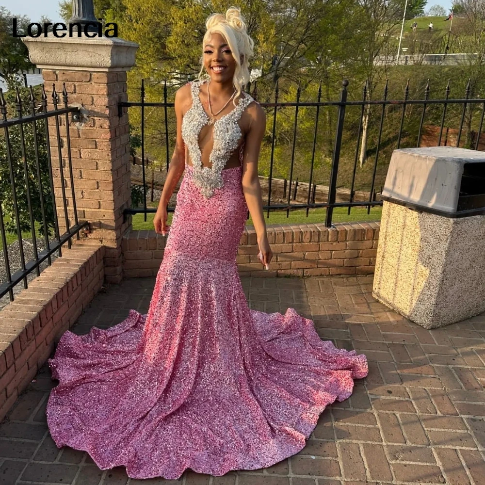 Lorencia-Vestido de baile sereia lantejoulas para menina negra, cristal prateado, vestido frisado, vestidos para ocasiões especiais, rosa, YPD138, 2024