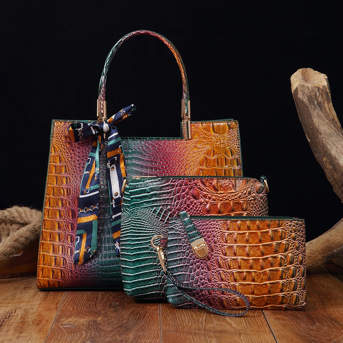 Elegant 3-Piece Crocodile Pattern Bag Set: Versatile Tote, Secure Crossbody & Chic Wristlet - Gradient Style for Every Occasion