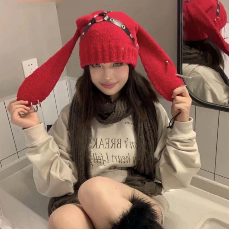 

American Punk Style Belt Rivet Design Y2K Hats for Women Autumn and Winter Personalized Versatile Long Ear Knitted Beanies Cap