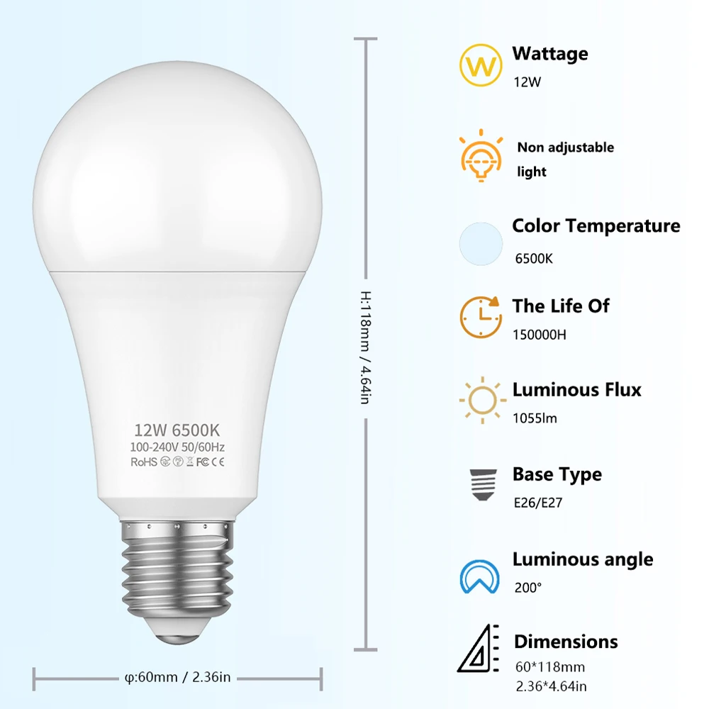 A19 LED Light Bulb, E27/E26 Base, 6500K, Home Lighting Energy Saving Eye Protecting Light Bulb for Bedroom, Living Room, Home