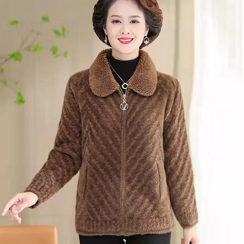 

Middle Aged Elderly Faux Mink Coat Autumn Winter New Solid Thick POLO Collar Zipper Cardigan Sweater Women Knit Jacket Y22