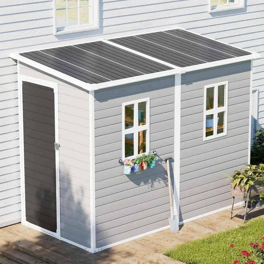 

Gray 8x4x6 ft Plastic Storage Shed with Floor Windows, Door Vents, Reinforced Waterproof Lean-to Kit for Garden Tools