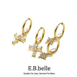 E.B.belle Stainless Steel Waterproof Bling Crystal Charm Cross Heart Butterfly Star Waterdrop Square Huggies Earrings For Woman
