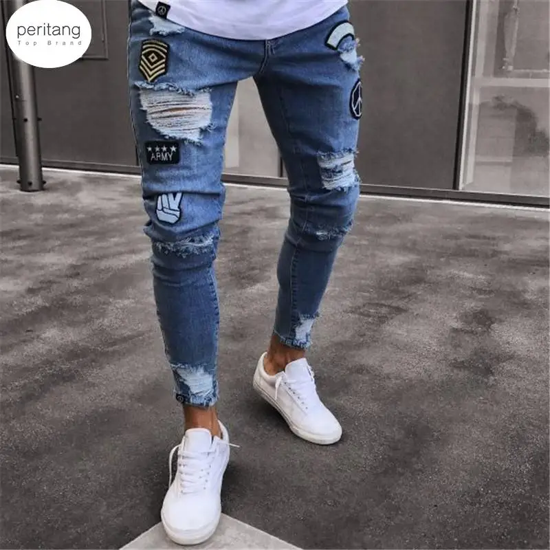 

2024 Men Stylish Ripped Jean Pants Biker Skinny Slim Straight Frayed Denim Trousers New Fashion Men Clothes Dropshipping