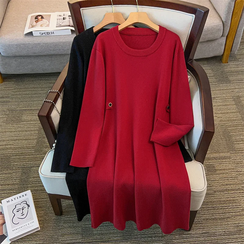 

155Kg Plus Size Women's Bust 160 Autumn Winter Long O-Neck Sweater Dress Black Burgundy 4XL 5XL 6XL 7XL 8XL 9XL