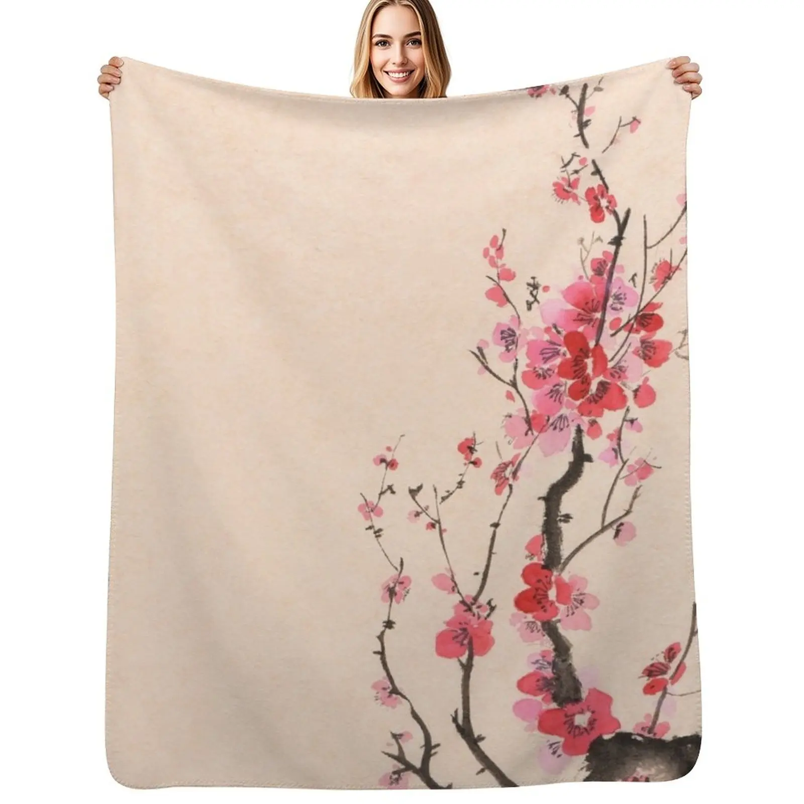 Japanese sumi-e ink painting of an iconic plum blossom branch with red flowers on beige background art print Throw Blanket