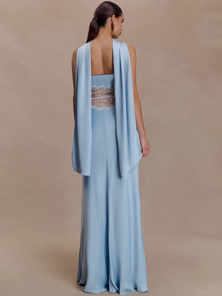 XIAOTANG Schalkragen, schulterfrei, sexy Maxikleid für Damen, elegante Spitze, durchsichtig, trägerlos, ärmellos, rückenfrei, figurbetont, Clubkleid