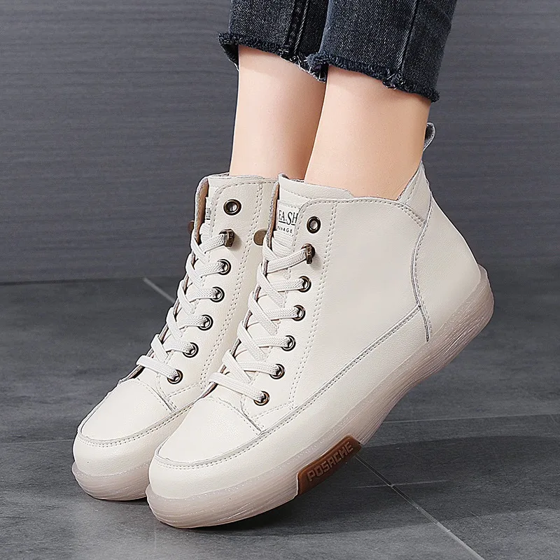 Women Casual Genuine Leather Soft Sole Higth Top Walking Sneaker Girl Student Sport Jogging Shoes Flats Trendy Marton Ankle Boot