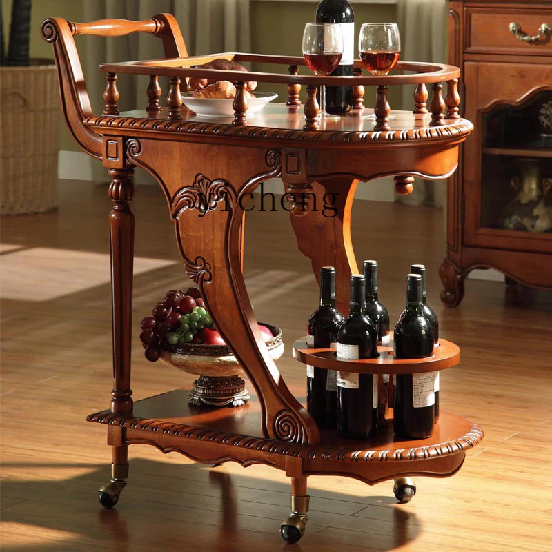

TQH American solid wood dining table, meal preparation car, movable dining car, multi-functional wine rack trolley
