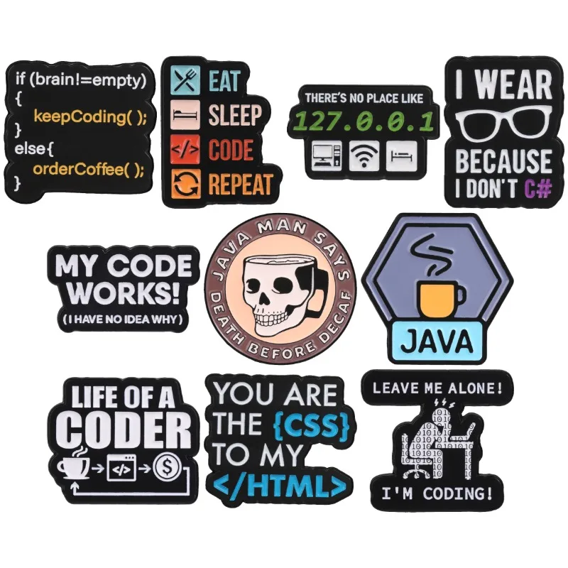 Programmer Badges Eat Sleep Code Repeat Enamel Pins Coder JAVA Coffee Skull Brooch Software Engineer IT Worker Accessory Gift