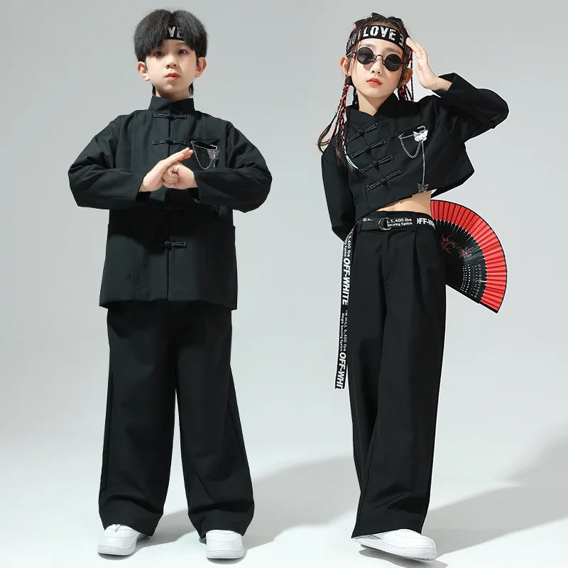 Ropa de Hip Hop china para chico, traje Tang con botones de rana negra, camisa, Top corto, pantalones anchos informales para niñas y niños, trajes de baile