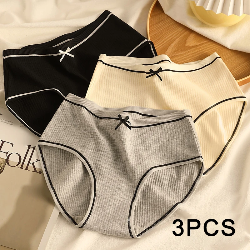 

3PCS Soft Seamless Women Panties Large Size Sexy Mid-rise Breathable Female Underwear Bow Tie Cotton Lingerie Women's Intimates