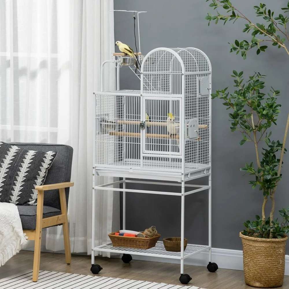 

55" Large Parrot Cage with Toy Hooks Above Top Bird Perch, Tray, Food Cups, Rolling Stand, Bird Cage for Cockatiels