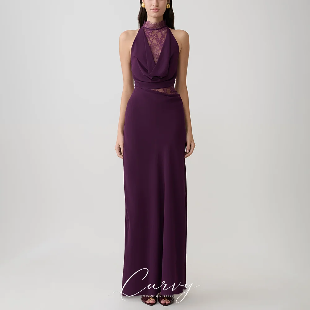 

Curvy Elegant Alluring Purple Evening Dresses for Women Halter Neck Sheer Lace Insert Draped Bodice Floor Length Customized