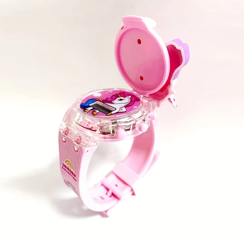 Reloj de caballo arcoíris brillante con música abatible de moda, reloj de unicornio de dibujos animados Popular, regalo para niños y niñas