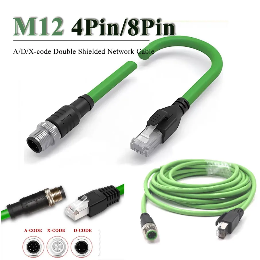 M12 A/D/X-code to RJ45 Double Shielded Network Cable High Flexible 4pin 8 Pin Aviation Drag Chain Line Industry Camera Connector