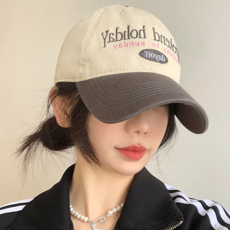 Retro-Baseballkappe mit Farbblockmuster für Damen, vielseitige Entenschnabelkappe mit weichem Oberteil, großer Kopfumfang, breite Krempe