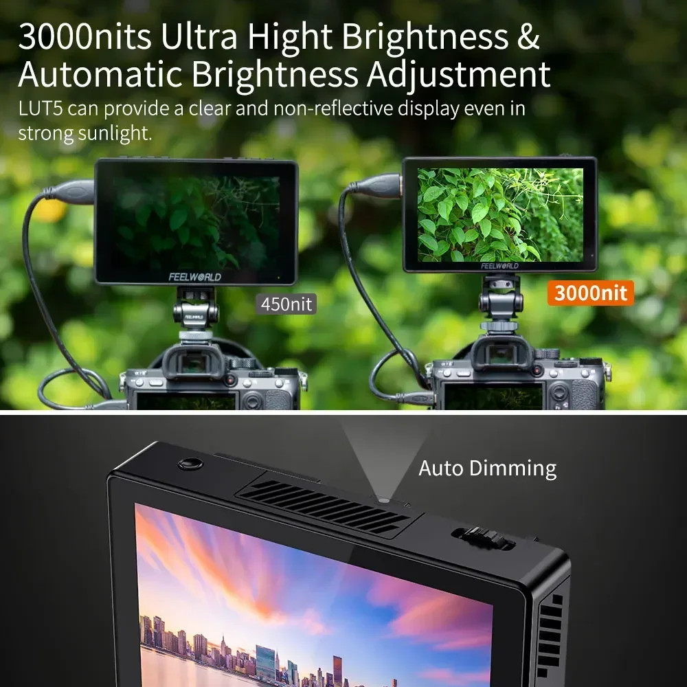 شاشة تصوير Feelworld LUT5 مقاس 5.5 بوصة تعمل باللمس 3000nit ثلاثية الأبعاد LUT Rec.709 HDR 4K HDMI I/O F970 طاقة خارجية سهلة التعديل