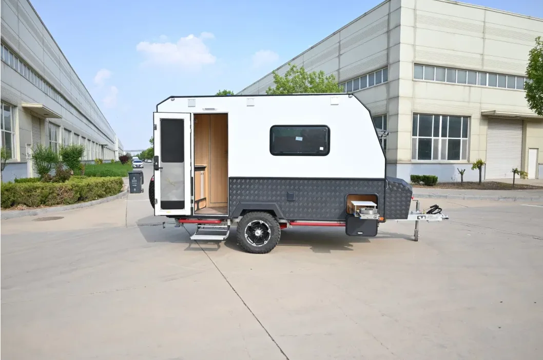 Off-road adventure camping trailer with convertible roof and solar system for family outdoor camping