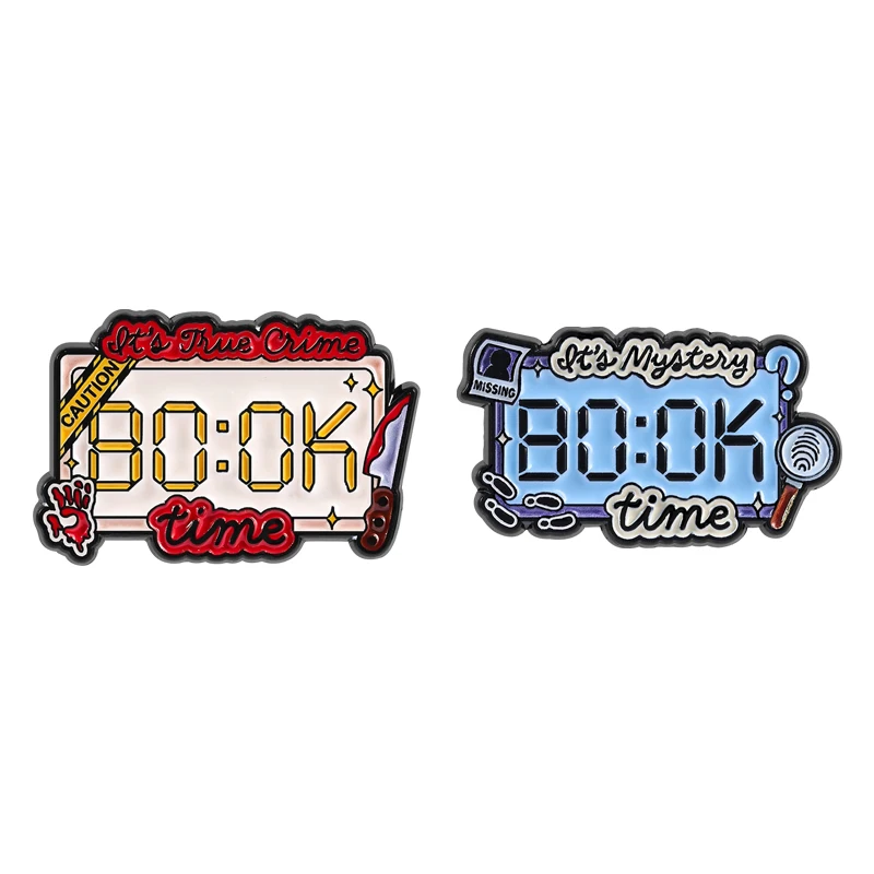 

Mystery True Crime Book Time Enamel Pins Humor Horror BO:OK Clock Design Crime Tape Brooches Backpack Lapel Badge Jewelry Gifts