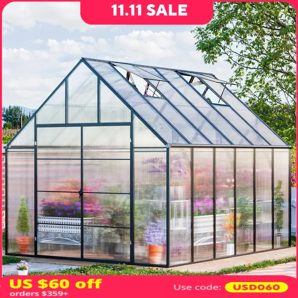 12.4x10.2 FT Greenhouse with 2 Vents Window, Swing Door, Easy Assembly, Large Aluminum Walk-in Polycarbonate Greenhouse