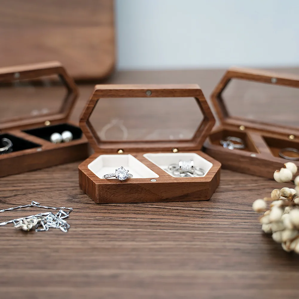 Black Walnut Wooden Ring Box, Jewelry Diamond Engagement Ring Set Wedding Proposal Box Gift Desk Earring Storage Box