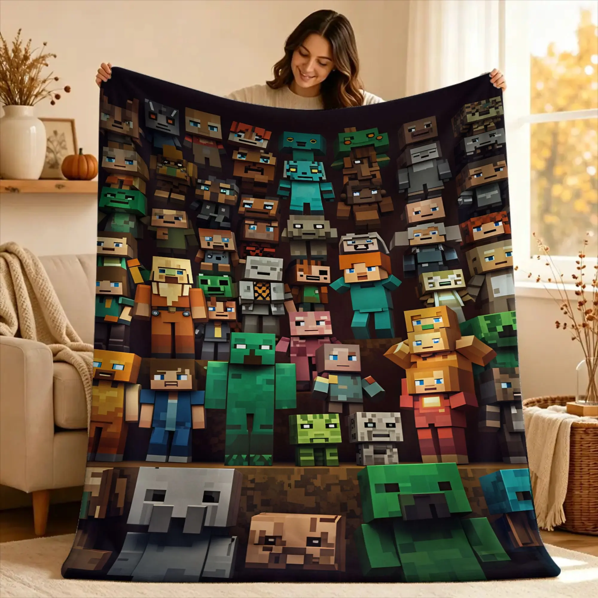 Cartoon Mines Pixel Game crafts  Blanket  Super Soft Aesthetic Plush Throw Blanket For Home Decor Decorative Bedspread Bed Cover